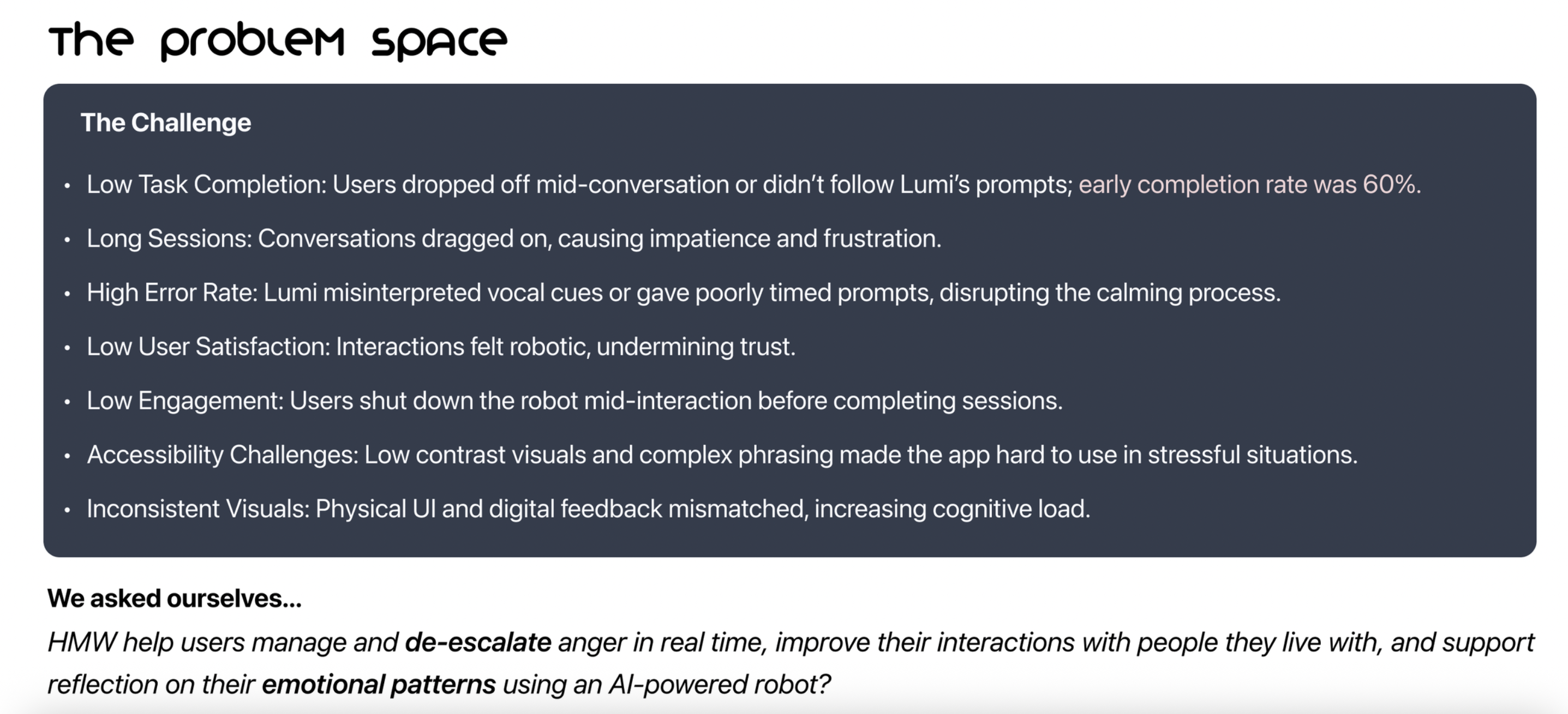 The Problem Space: low task completion, long sessions, high error rate, low user satisfaction, low engagement, accessibility challenges, inconsistent visuals